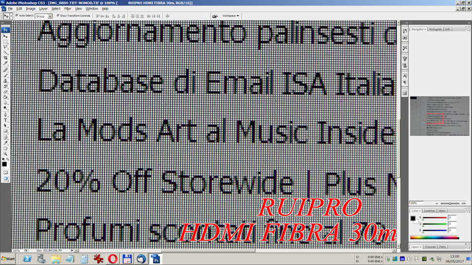 Il risultato del test RUIPRO HDMI2.0b in Fibra da ben 30 metri CONTRO l'Harmonic Tech HT-HDMI da solo un metro e mezzo è esaltante per la qualità del RUIPRO. La lunga tratta di 30 metri SUPERA in qualità gli 1,5 metri del cavo in metallo!